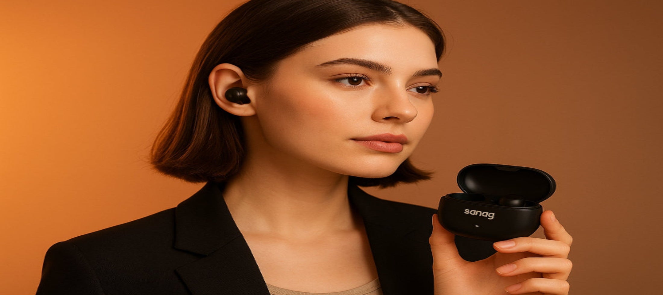 Woman wearing wireless earbuds with a brown background