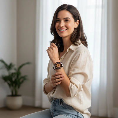A woman wearing a round wooden watch with a black bezel and a light-colored leather strap, sitting in a bright, modern room with white curtains and a potted plant in the background.