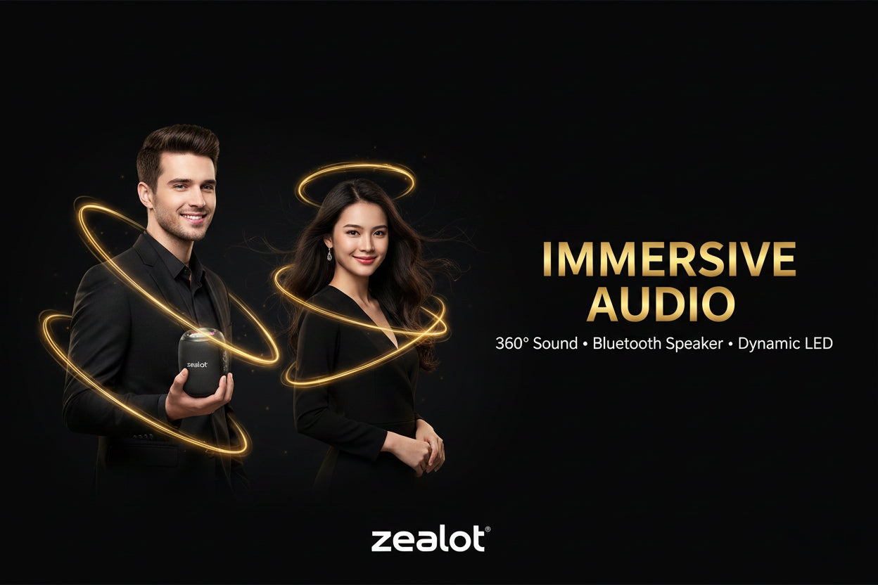 Two people with glowing circular lights around them, holding a product, with 'Immersive Audio' text and 'zealot' branding on a black background.